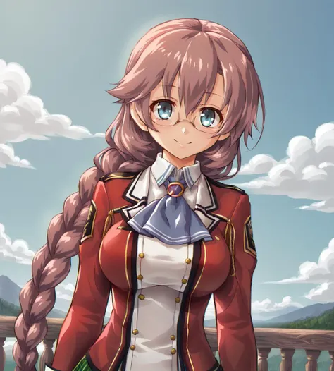 score_9, score_8_up, score_7_up, source_anime,
BREAK,
<lora:TrailsOfColdSteel-ClassVII:0.9>, emmacs1, long hair, purple hair, braided ponytail, glasses, blue eyes, large breasts, blue ascot, red school uniform, white shirt, plaid skirt, black thighhighs, loafers,
BREAK,
1girl, solo, happy, looking at viewer, upper body, portrait,
BREAK,
dd \(ijigendd\)
BREAK,
1girl, outdoors, sky, clouds, distant mountains,