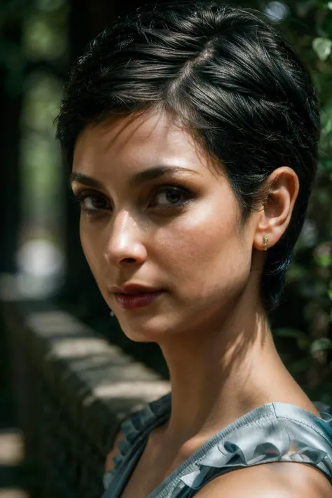 photoshoot of mbn , (black hair), (pixie cut), , detailed skin texture, (blush:0.2), (goosebumps:0.3), (light blue dress), subsurface scattering, Photorealistic, Hyperrealistic, Hyperdetailed, analog style, hip cocked, demure, detailed skin, matte skin, soft lighting, subsurface scattering, realistic, heavy shadow, masterpiece, best quality, ultra realistic, 8k, golden ratio, Intricate, High Detail, film photography, soft focus, <lora:add_detail:0.8> <lora:MorenaBaccarin-RealVision-V1.0:1>