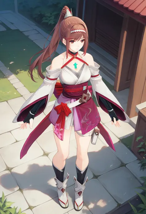 score_9, score_8_up, score_7_up, 1girl, solo, full body, standing, halterneck kimono, black choker, wide sleeves, white belt, white footwear, pink skirt, fingerless elbow gloves, thigh belt, thigh pouch, brown eyes, chest jewel, glimmer, ponytail, hairband, outdoors  <lora:glimmer xl 044 fro 999:1>