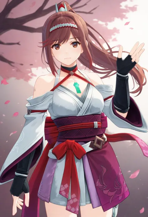 score_9, score_8_up, score_7_up, 1girl, solo, halterneck kimono, black choker, detached sleeves, fingerless gloves, ribbon, cowboy shot, brown eyes, chest jewel, glimmer, ponytail<lora:glimmer xl 042 fro 95:1>