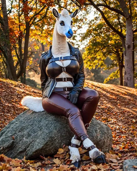 photo of (solo anthro (camelid:1.2) sitting on large rock wearing bdsm clothes on a warm autumn sunrise in the forest overlooking a beautiful valley :1.1),
BREAK
solo, anthro, mammal, female, big breasts, cleavage, clothed, smile,
curvy body, cloven hooves, tail,
(fur, fluffy, chest tuft, neck tuft,:1.1)
(leather jacket, crotchless leather pants, leather chest harness, ), blue eyes, smirk, looking at viewer, leather belts,
detailed background, outside, nature,