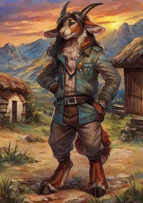 male, solo, anthro, mammal, goat, caprine, (caprine horn), 2 horns, horizontal pupils,  cloven hooves,
fully clothed, bottomwear, topwear, pants, jacket, (adventurer), hand on hip,
fur, fluffy, tuft, chest tuft, long hair, neck tuft, inner ear fluff, digitigrade,
standing, front view, looking at viewer,
(detailed background), outside, rock, sunbeams, snowy peaks, colorful sunrise, (village:1.3),
by kenket, by darkgem, by miosha,
fully clothed, bottomwear, topwear, pants, jacket, (adventurer), hand on hip,
fur, fluffy, tuft, chest tuft, long hair, neck tuft, inner ear fluff, digitigrade,
standing, front view, looking at viewer,
(detailed background), outside, rock, sunbeams, snowy peaks, colorful sunrise, (village:1.3),
by kenket, by oouna, by darkgem, by miosha, by sabretoothed ermine,