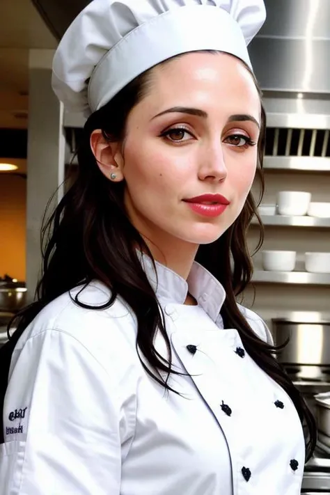 photo of a woman, ((chef hat, chef jacket, commercial kitchen)), smiling, (lipstick, blush, eye shadow), ((best quality, masterpiece, extreme details, high resolution):1.2),((detailed eyes, beautiful eyes, detailed face, beautiful face):1.2) <lora:annetta-07:0.6>, annetta,