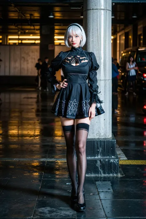 Standing with one hand on the hip,
1girl,
<lora:2B:0.6>, 2_B,beautiful girl,white hair,short hair,(fluffy hair:1.2),black hairband,detailed blue eyes,black short dress,cleavage,cleavage cutout,(huge breasts:1.1),puffy sleeves,long sleeves,juliet sleeves,black thighhighs,full body,