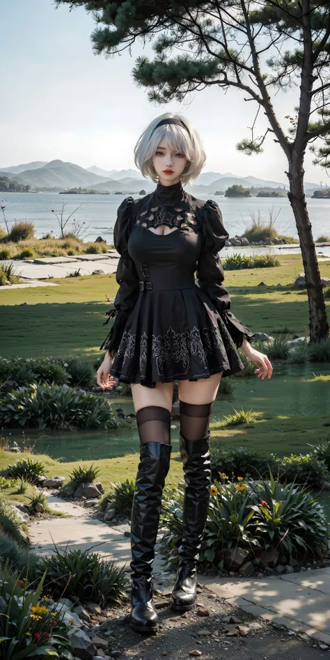 <lora:2B:0.7>,2_B, beautiful girl, 2_B,(standing naturally:1.5),(black blindfold:1.2), blue eyes, white hair, short hair, (black short dress:1.2), (cleavage cutout:1.2),(gigantic breasts:1.3),puffy sleeves, full body, long sleeves, mole under mouth, juliet sleeves, black hairband, cleavage, black thighhighs, black thigh boots, outdoors, sunshine, lawn, flowers, sunny, lake, park,