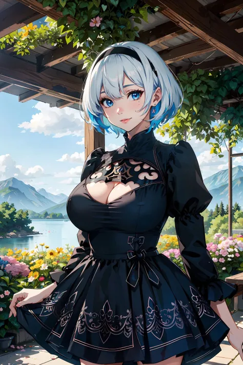 <lora:2B:0.6>,2_B, beautiful girl, blue eyes, white hair, short hair, black short dress, (cleavage cutout:1.2),(gigantic breasts:1.3),puffy sleeves, upper body, long sleeves, mole under mouth, juliet sleeves, standing, black hairband, cleavage, black thighhighs, best quality, (colorful),(delicate eyes and face), volumatic light, ray tracing, bust shot ,extremely detailed CG unity 8k wallpaper,smile,((flying petal)),(Flowery meadow) sunny,sunshine, light, fantasy, windy, magic sparks, trees, lake, mountains, ((flowers)),harano,