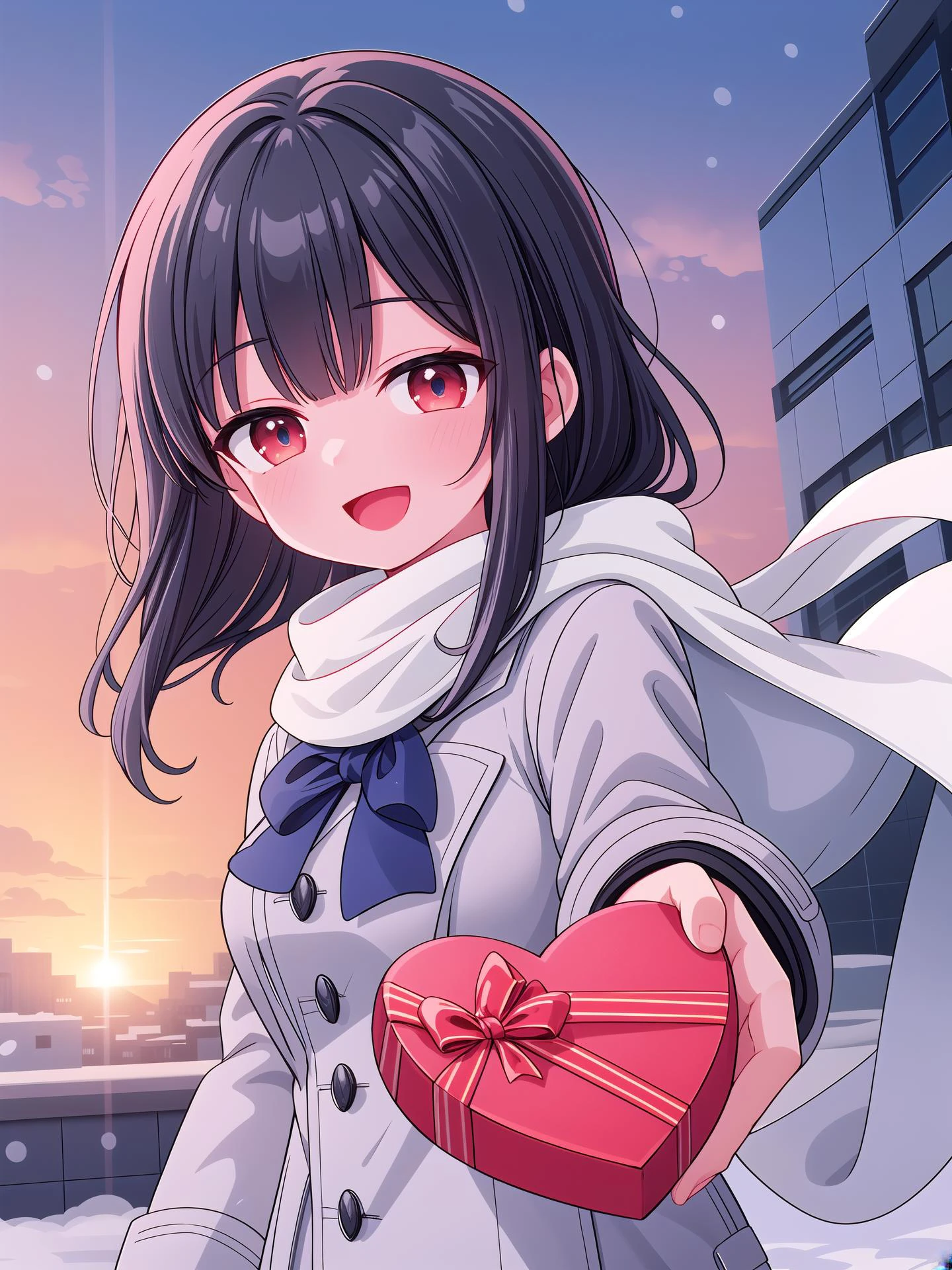 (masterpiece, best quality, photography, official art, professional lighting), long shot, extreme wide shot, from above, BREAK
solo, 1girl, yo, skinny, looking at viewer, black hair, medium hair, ultra detailed eyes, red eyes, hime cut, (smile, happy smile), open mouth, <lora:yudedako_v100:0.6>, school uniform, navy blue winter coat, white scarf, long sleeve, incoming gift, box, heart-shaped box, (1hand:1.3), <lora:brj-incoming-gift-v1:1>, evening, sunset, park,