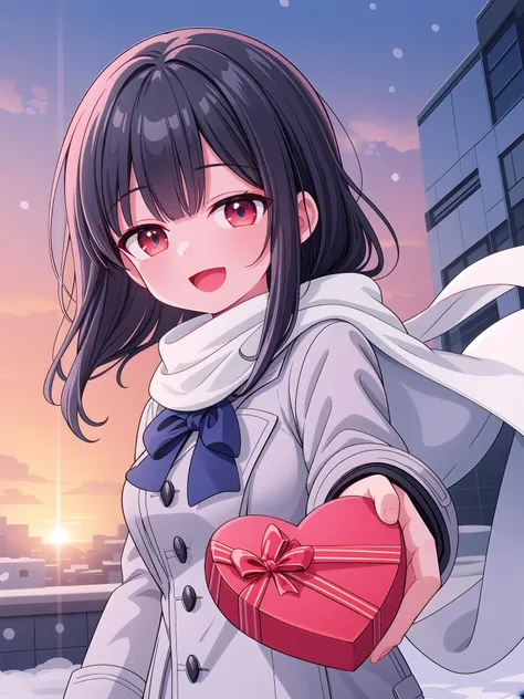 (masterpiece, best quality, photography, official art, professional lighting), long shot, extreme wide shot, from above, BREAK
solo, 1girl, 16yo, skinny, looking at viewer, black hair, medium hair, ultra detailed eyes, red eyes, hime cut, (smile, happy smile), open mouth, <lora:yudedako_v100:0.6>, school uniform, navy blue winter coat, white scarf, long sleeve, incoming gift, box, heart-shaped box, (1hand:1.3), <lora:brj-incoming-gift-v1:1>, evening, sunset, park,