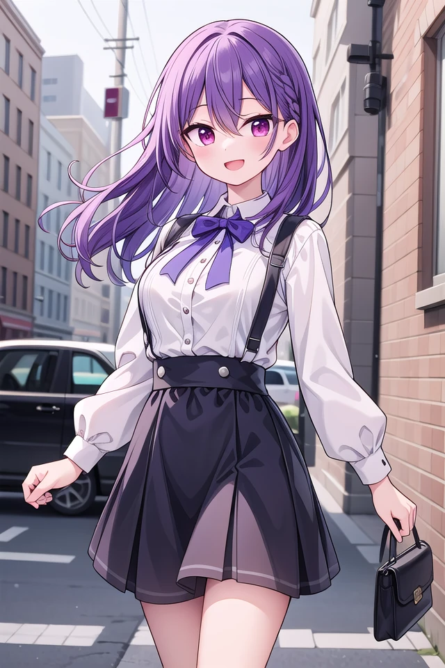 insanely detailed, absurdres, ultra-highres, ultra-detailed, best quality,
1girl, solo, nice hands, perfect hands
BREAK
braid, shirt, holding, mary janes, socks, black skirt, long hair, white shirt, suspender skirt, white socks, long sleeves, ribbon, suspenders, standing, ruffles, black ribbon, bow , black bow tie, long skirt, black bow, neck ribbon, bowtie, bag
BREAK
(nsfw:-1.5)
BREAK
happy smile, laugh, open mouth
BREAK
standing, cowboy shot, looking at viewer
BREAK
slender, kawaii, perfect symmetrical face, ultra cute girl, ultra cute face, ultra detailed eyes, ultra detailed hair, ultra cute, ultra beautiful
BREAK
in school ground, depth of field, ultra detailed background
BREAK
large breasts
BREAK
(purple hair:1.3), red eyes, milkmaid braids, hair between eyes
