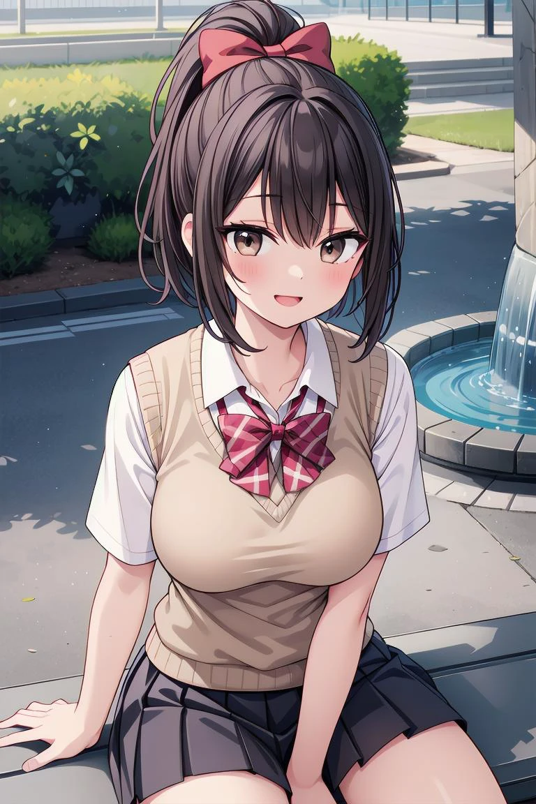 highly detailed,high res,(best quality1.2),official art,1girl,solo,a stunning beautiful girl,nice hands,perfect hands,
BREAK (school uniform:1.2),(white blouse,short sleeves,red bow tie:1.1),
BREAK (brown sweater vest),dark colored pleated skirt
BREAK (open eyes:1.1),smile,close mouth,
BREAK (sitting on bench,cowboy shot:1),looking at viewer,cute pose,
BREAK cute,kawaii,perfect symmetrical face,ultra beautiful face,ultra detailed eyes,ultra detailed hair,ultra cute,blush,
BREAK (outdoor,on park square),(water fountain,bench,tree:1) on background,detailed background,
BREAK (moisty skin:1.1),soft focus,soft lighting
BREAK impossible clothes,large breasts,(black hair,ponytail hair,short hair),(brown eyes),