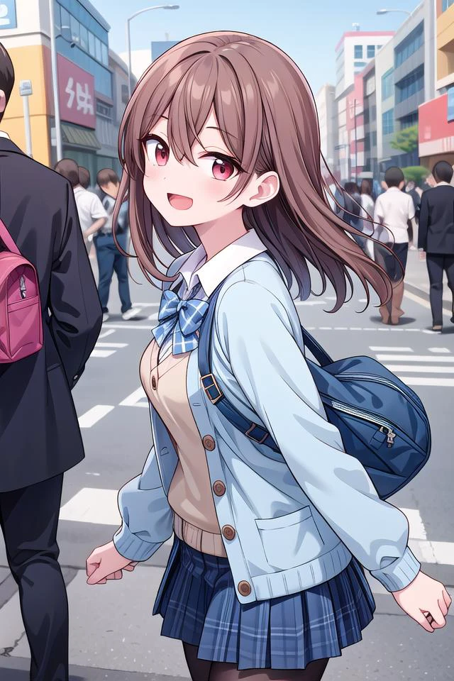 insanely detailed, absurdres, ultra-highres, ultra-detailed, best quality,
1girl, solo, nice hands, perfect hands
BREAK
(School Uniforms:1.2), (pastel blue cardigan is fit body:1.4), ((do up a buttons, not loose):1.5), ((long sleeve, sleeves past wrists):1.2), (inner wear is white collared-shirt:1.3), (blue plaid-pattern bow:1.3), (blue plaid-pattern pleated skirt:1.3), ((dark-brown pantyhose, loafers):1.2)
, BREAK (nsfw:-1.5)
BREAK
happy smile, laugh, open mouth
BREAK
from side,
standing, cowboy shot, looking at viewer
BREAK
slender, kawaii, perfect symmetrical face, ultra cute girl, ultra cute face, ultra detailed eyes, ultra detailed hair, ultra cute, ultra beautiful
BREAK
shibuya, akihabara, tokyo, street, crowd, cityscape, depth of field, ultra detailed background
BREAK
medium breasts
BREAK
brown hair, red eyes, medium long hair, bob with bangs, hair between eyes