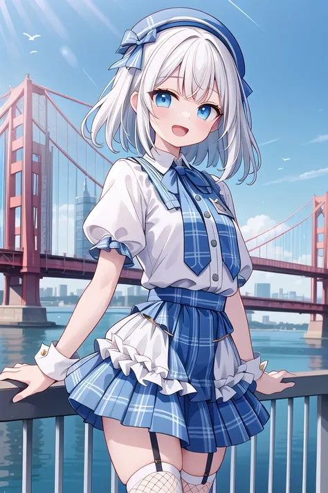 (cleavage:-1.5), insanely detailed, absurdres, ultra-highres, ultra-detailed, best quality,
1girl, solo, nice hands, perfect hands,
BREAK
(gothic drress, Idol costume:1.3), (blue and white theme:1.2), (white blouse:1.4), (white collar, tie:1.3), (open short-cape:1.3), (short sleeve:1.2), (blue tartan-check pattern (ruffle-skirt, multilayer-skirt):1.4), (white basque-beret with ribbon:1.3), (Fishnet stockings:1.3), (glove:1.2), (cleavage:-1.5)
BREAK
happy smile, laugh, open mouth,
standing,own hands together,
cowboy shot,
BREAK
slender, kawaii, perfect symmetrical face, ultra cute girl, ultra cute face, ultra detailed eyes, ultra detailed hair, ultra cute, ultra beautiful,
BREAK
cityscape in tokyo, ultra detailed background, blue sky, bay side, panorama view,
medium breasts, white hair, blue eyes