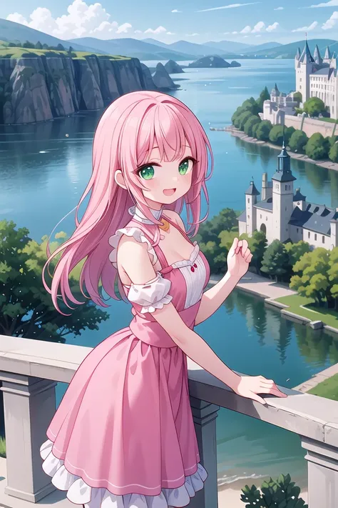 insanely detailed, absurdres, ultra-highres, ultra-detailed, best quality,
1 girl, solo, nice hands, perfect hands,
BREAK,
(wearing princess dress), teara,
happy smile, laugh, open mouth,
standing,
from side, cowboy shot, looking at viewer,
BREAK,
slender, kawaii, perfect symmetrical face, ultra cute girl, ultra cute face, ultra detailed eyes, ultra detailed hair, ultra cute, ultra beautiful,
BREAK,
fantasy world, (castle in background, lake:1.3), (very wide, panorama view, sense of depth, magnificent view:1.3)
BREAK,
princess girl, pink hair, green eyes, medium breasts