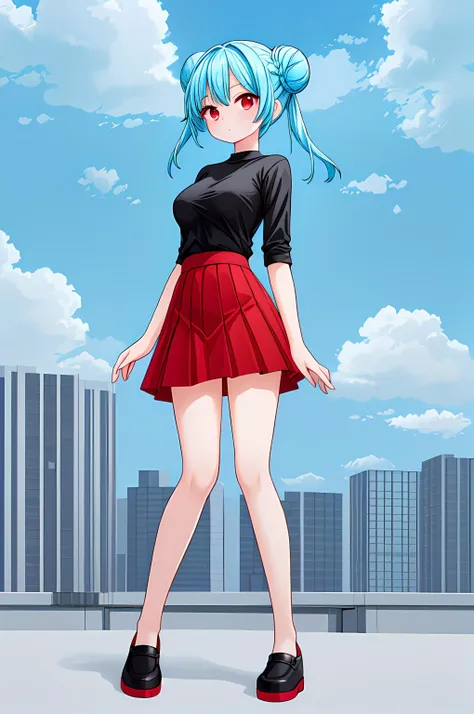 full body, sky background, 1girl, Cyan hair, Low Bun hair, red eyes, medium breasts, black shirt, red skirt, <lora:Detail Tweaker LoRA (ç»èè°æ´LoRA):0.5>
