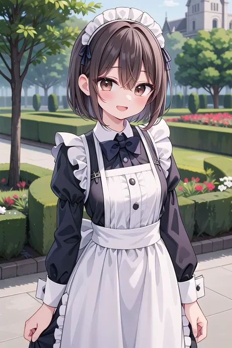 insanely detailed, absurdres, ultra-highres, ultra-detailed, best quality,
1girl, solo, nice hands, perfect hands
BREAK
(cleavage:-1.5),
(traditional maid:1.2),
apron, blush, bow, bowtie, frilled apron, frills, long sleeves, maid, maid apron, maid headdress, waist apron, white apron,
(maid costume, maid hair dress:1.3), long skirt
BREAK
happy smile, laugh, open mouth
BREAK
,
standing, cowboy shot, looking at viewer
BREAK
slender, kawaii, perfect symmetrical face, ultra cute girl, ultra cute face, ultra detailed eyes, ultra detailed hair, ultra cute, ultra beautiful
BREAK
fantasy world, garden of a castle, depth of field, ultra detailed background
BREAK
medium breasts
BREAK
(brown hair, brown eyes), short bob cut, hair between eyes