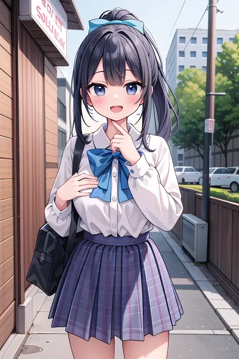 insanely detailed, absurdres, ultra-highres, ultra-detailed, best quality,
1girl, solo, nice hands, perfect hands
BREAK
jirai kei,plaid skirt, shirt, long sleeves, bow, blue skirt, white shoulder frilly shirt, outdoors, blue bow, long hair
, (cleavage:-1.5)
BREAK
happy smile, laugh, open mouth
BREAK
45 angle,
standing, cowboy shot, looking at viewer
BREAK
slender, kawaii, perfect symmetrical face, ultra cute girl, ultra cute face, ultra detailed eyes, ultra detailed hair, ultra cute, ultra beautiful
BREAK
in japanese street, cityscape in japan, depth of field, ultra detailed background
BREAK
large breasts
BREAK
black hair, black eyes, ponytail,