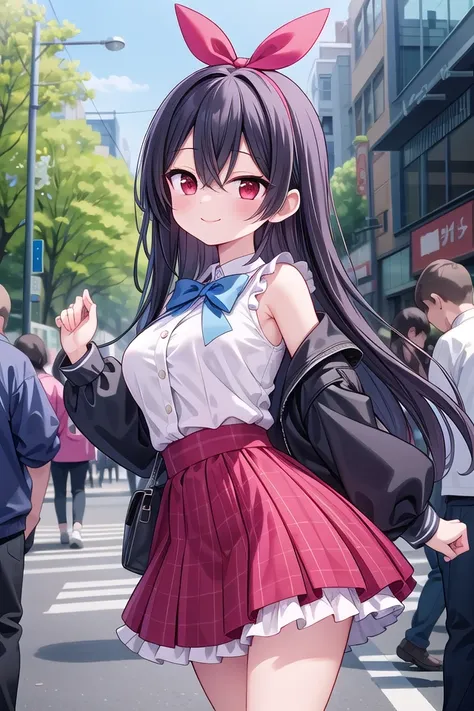 insanely detailed, absurdres, ultra-highres, ultra-detailed, best quality,
1girl, solo, nice hands, perfect hands,
BREAK
jirai kei,plaid skirt, shirt, long sleeves, bow, blue skirt, white shoulder frilly shirt, outdoors, blue bow, long hair
BREAK
happy smile, laugh, closed mouth, standing,
,
cute pose, cowboy shot,
BREAK
slender, kawaii, perfect symmetrical face, ultra cute girl, ultra cute face, ultra detailed eyes, ultra detailed hair, ultra cute, ultra beautiful,
BREAK
in harajuku, shibuya, tokyo, street, crowd, cityscape,
BREAK
medium breasts,
(black hair, red eyes), hair between eyes