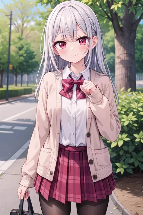 insanely detailed, absurdres, ultra-highres, ultra-detailed, best quality,
1girl, solo, nice hands, perfect hands
BREAK
(School Uniforms:1.2), (pink cardigan is fit body:1.4), ((do up a buttons, not loose):1.5), ((long sleeve, sleeves past wrists):1.2), (inner wear is white collared-shirt:1.3), (red plaid-pattern bow:1.3), (red plaid-pattern pleated skirt:1.3), ((dark-brown pantyhose, loafers):1.2)
, (cleavage:-1.5)
BREAK
happy smile, laugh, closed mouth
BREAK
(45 angle:-1.5), (from side:-1.5),
standing, cowboy shot, looking at viewer
BREAK
slender, kawaii, perfect symmetrical face, ultra cute girl, ultra cute face, ultra detailed eyes, ultra detailed hair, ultra cute, ultra beautiful
BREAK
in forest, depth of field, ultra detailed background
BREAK
medium large breasts
BREAK
(grey hair, red eyes), spiked hair,