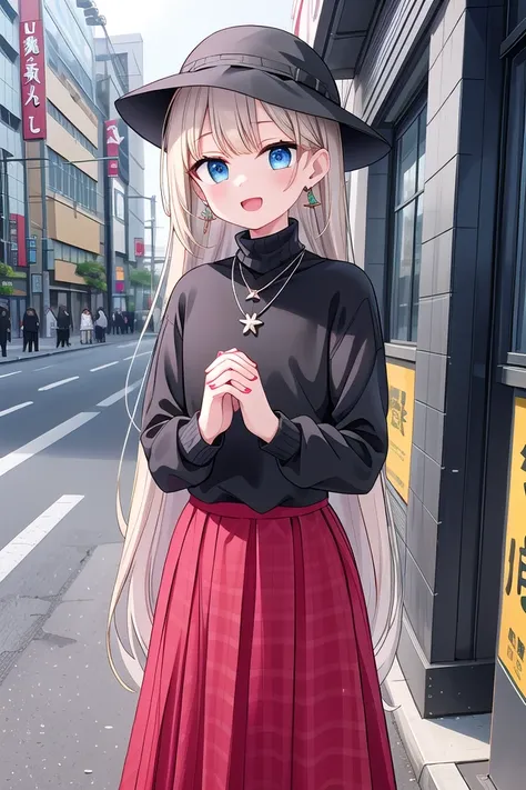 (cleavage:-1.5), insanely detailed, absurdres, ultra-highres, ultra-detailed, best quality,
1girl, solo, nice hands, perfect hands,
BREAK
(black theme:1.4), (fit body:1.3), (tight long sleeve and turtleneck (black sweater):1.4), (black heeled boots with lace-up:1.1),
BREAK
(black and red theme:1.3), ((red) high-waisted ((maxi length skirt, very long A line skirt):1.2) with [plaid pattern]:1.4), ((black) bucket hat with wide brim:1.4),
BREAK
((earrings, necklace):1.2),
(cleavage:-1.5), (naked skin:-1), (mini skirt:-1), (legs:-1), (straw hat:-1), (red hat:-1), (green hat:-1), (white sweater:-1), (slit:-1), (belt:-1), (multiple necklaces:-1), (navel:-1), (waist:-1)
BREAK
happy smile, laugh, open mouth,
standing,own hands together,
cowboy shot,
BREAK
slender, kawaii, perfect symmetrical face, ultra cute girl, ultra cute face, ultra detailed eyes, ultra detailed hair, ultra cute, ultra beautiful,
BREAK
day, (cityscape in tokyo:1.2), ultra detailed background, blue sky, (evening:-1.5), (night:-1.5),
medium breasts, blonde hair, blue eyes