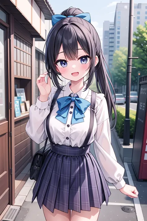 insanely detailed, absurdres, ultra-highres, ultra-detailed, best quality,
1girl, solo, nice hands, perfect hands
BREAK
jirai kei,plaid skirt, shirt, long sleeves, bow, blue skirt, white shoulder frilly shirt, outdoors, blue bow, long hair
, (cleavage:-1.5)
BREAK
happy smile, laugh, open mouth
BREAK
45 angle,
standing, cowboy shot, looking at viewer
BREAK
slender, kawaii, perfect symmetrical face, ultra cute girl, ultra cute face, ultra detailed eyes, ultra detailed hair, ultra cute, ultra beautiful
BREAK
in japanese street, cityscape in japan, depth of field, ultra detailed background
BREAK
large breasts
BREAK
black hair, black eyes, ponytail,