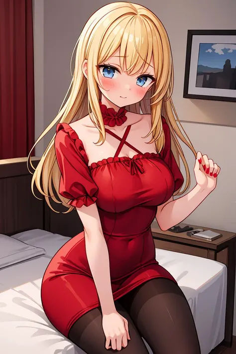 (masterpiece, best quality), 1girl, blonde hair, red dress, pantyhose, cute face, blush,
