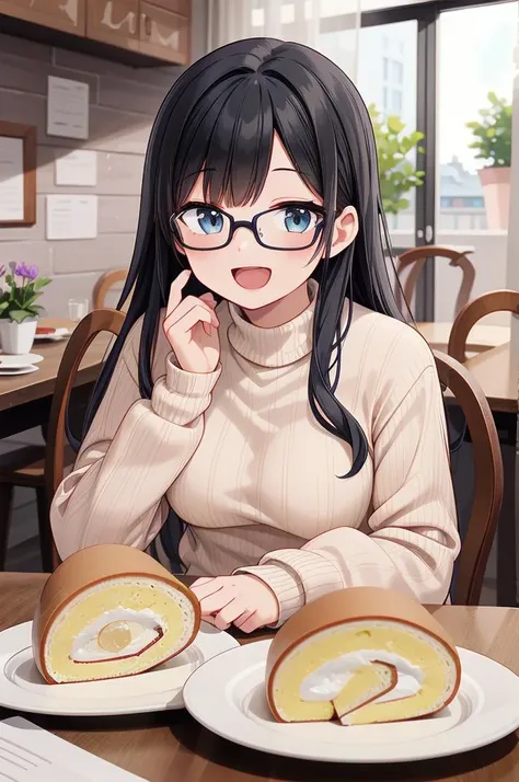 best quality, ultra-detailed, illustration,
1girl, solo, glasses, black hair, long hair, white ribbed sweater, happy, smile, looking at viewer, open mouth, solo focus, sitting, across table, 
cutrollcake, food, food focus, table, still life, plate, pancake, realistic, wooden table, indoors, dessert, cake
 <lora:rollcake_SD15_V1:1>