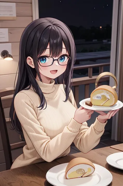 best quality, ultra-detailed, illustration,
1girl, solo, glasses, black hair, long hair, white ribbed sweater, happy, smile, looking at viewer, open mouth, solo focus, sitting, across table, (night:1.4), lamp
cutrollcake, food, food focus, table, still life, plate, pancake, realistic, wooden table, indoors, dessert, cake
<lora:rollcake_SD15_V1:1>