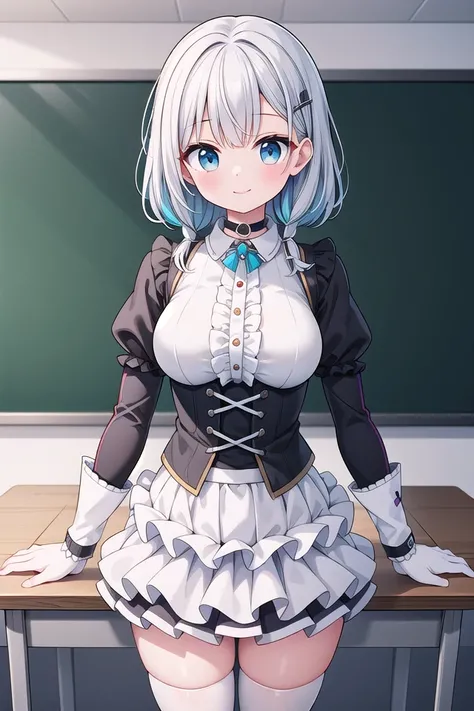 insanely detailed, absurdres, ultra-highres, ultra-detailed, best quality,
1girl, solo, nice hands, perfect hands
BREAK
(a checkered clothes:2.0), (a checkered idol clothes:1.6), (short frill sleeve:1.3), (layered skirt,multilayer-skirt:1.6), (white thigh-high socks:1.4), (white choker,white glove with frill:1.3)
BREAK
happy smile, laugh, closed mouth
BREAK
(45 angle:-1.5), (from side:-1.5),
standing, cowboy shot, looking at viewer
BREAK
slender, kawaii, perfect symmetrical face, ultra cute girl, ultra cute face, ultra detailed eyes, ultra detailed hair, ultra cute, ultra beautiful
BREAK
in classroom, school desk, school chair, chalkboard, depth of field, ultra detailed background
BREAK
medium breasts
BREAK
turquoise blue hair, black eyes, cornrows