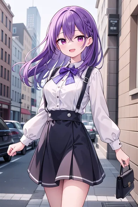 insanely detailed, absurdres, ultra-highres, ultra-detailed, best quality,
1girl, solo, nice hands, perfect hands
BREAK
braid, shirt, holding, mary janes, socks, black skirt, long hair, white shirt, suspender skirt, white socks, long sleeves, ribbon, suspenders, standing, ruffles, black ribbon, bow , black bow tie, long skirt, black bow, neck ribbon, bowtie, bag
BREAK
(nsfw:-1.5)
BREAK
happy smile, laugh, open mouth
BREAK
standing, cowboy shot, looking at viewer
BREAK
slender, kawaii, perfect symmetrical face, ultra cute girl, ultra cute face, ultra detailed eyes, ultra detailed hair, ultra cute, ultra beautiful
BREAK
in school ground, depth of field, ultra detailed background
BREAK
large breasts
BREAK
(purple hair:1.3), red eyes, milkmaid braids, hair between eyes
