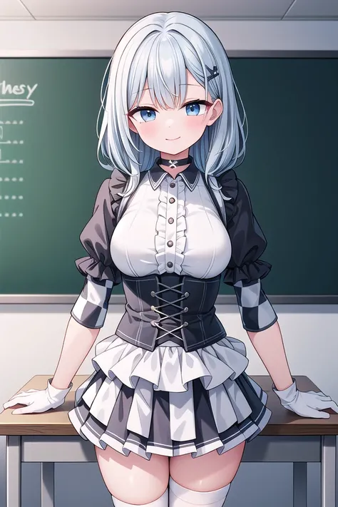 insanely detailed, absurdres, ultra-highres, ultra-detailed, best quality,
1girl, solo, nice hands, perfect hands
BREAK
(a checkered clothes:2.0), (a checkered idol clothes:1.6), (short frill sleeve:1.3), (layered skirt,multilayer-skirt:1.6), (white thigh-high socks:1.4), (white choker,white glove with frill:1.3)
BREAK
happy smile, laugh, closed mouth
BREAK
(45 angle:-1.5), (from side:-1.5),
standing, cowboy shot, looking at viewer
BREAK
slender, kawaii, perfect symmetrical face, ultra cute girl, ultra cute face, ultra detailed eyes, ultra detailed hair, ultra cute, ultra beautiful
BREAK
in classroom, school desk, school chair, chalkboard, depth of field, ultra detailed background
BREAK
medium breasts
BREAK
turquoise blue hair, black eyes, cornrows