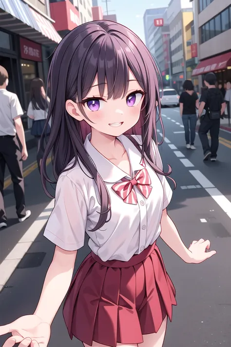 <lora:talkmouth_I_type2_v100:1>
insanely detailed, absurdres, ultra-highres, ultra-detailed, best quality,
1girl, solo, nice hands, perfect hands
BREAK
summer school uniform, (plain dark red skirt with many pleats:1.4), (striped red bowtie:1.3), short sleeves, white shirt, shirt with white button, shirt_tucked_in
    BREAK
    (breast pocket, vest, blazor, long sleeves, checked skirt, striped skirt, striped shirt, striped sleeves, bra visible through clothes, skirt with frill:-1)
BREAK
(nsfw:-1.5)
BREAK
smile, open mouth
BREAK
from above,
standing, cowboy shot, looking at viewer
BREAK
slender, kawaii, perfect symmetrical face, ultra cute girl, ultra cute face, ultra detailed eyes, ultra detailed hair, ultra cute, ultra beautiful
BREAK
in street, cityscape in harajuku, depth of field, ultra detailed background
BREAK
medium breasts
BREAK
purple hair, purple eyes, messy hair,