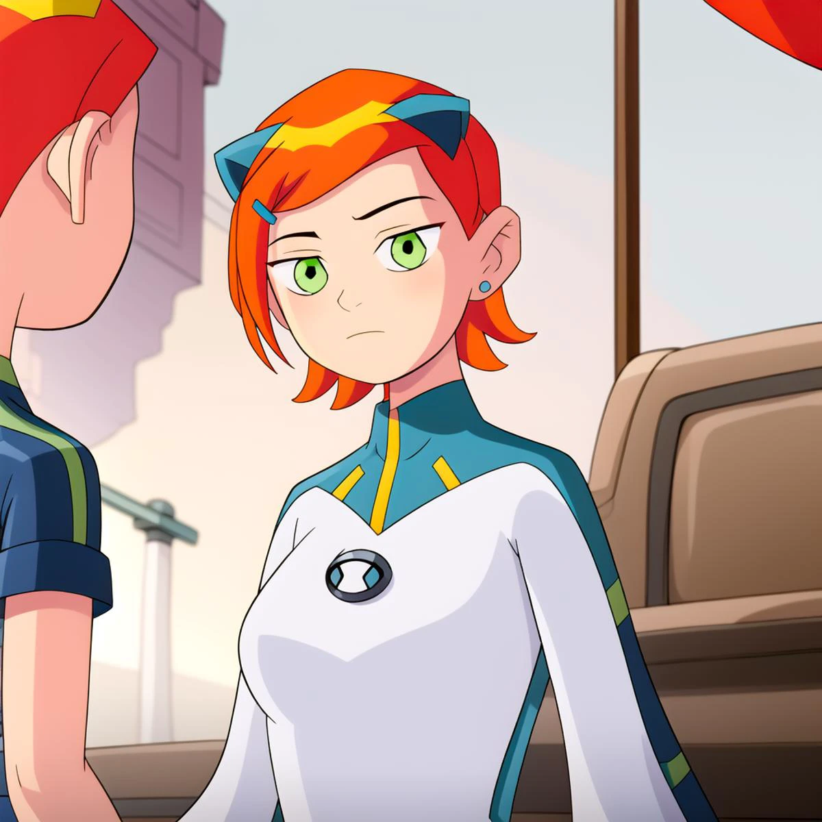 OverallDetail, edgQuality,
masterpiece, best quality, (1girl:1.4), (solo:1.4), <lora:Gwen-10:1.0> gwendolyn_tennyson, orange hair, green eyes, (cat ears:1.2), closed mouth, <lora:closedmouth_type2_v100:0.4>
<lora:upgrade-10:1> upgrade, long snouth, Galvanic mechamoprh,
(upper body, breast:1.2)