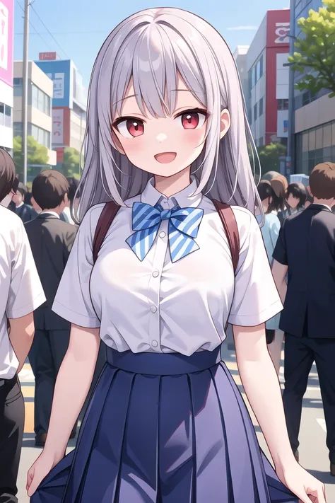 insanely detailed, absurdres, ultra-highres, ultra-detailed, best quality,
1girl, solo, nice hands, perfect hands
BREAK
summer school uniform with indigo blue bowtie, (short sleeves, dark blue skirt, pleated skirt:1.3), (indigo blue:1.3) bowtie, (white shirt:1.3), shirt with white button, (skirt with many pleats:1.4), plain shirt, plain skirt, (striped bowtie:1.3), shirt_tucked_in
BREAK
happy smile, laugh, open mouth, standing,
(45 angle:-1.5), (from side:-1.5),
cute pose, cowboy shot
BREAK
slender, kawaii, perfect symmetrical face, ultra cute girl, ultra cute face, ultra detailed eyes, ultra detailed hair, ultra cute, ultra beautiful
BREAK
in harajuku, shibuya, tokyo, street, crowd, cityscape
BREAK
medium large breasts,
(grey hair, red eyes),