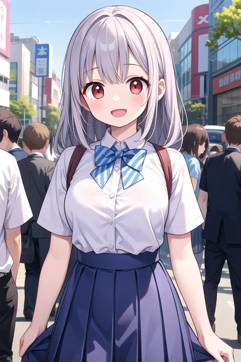insanely detailed, absurdres, ultra-highres, ultra-detailed, best quality,
1girl, solo, nice hands, perfect hands
BREAK
summer school uniform with indigo blue bowtie, (short sleeves, dark blue skirt, pleated skirt:1.3), (indigo blue:1.3) bowtie, (white shirt:1.3), shirt with white button, (skirt with many pleats:1.4), plain shirt, plain skirt, (striped bowtie:1.3), shirt_tucked_in
BREAK
happy smile, laugh, open mouth, standing,
(45 angle:-1.5), (from side:-1.5),
cute pose, cowboy shot
BREAK
slender, kawaii, perfect symmetrical face, ultra cute girl, ultra cute face, ultra detailed eyes, ultra detailed hair, ultra cute, ultra beautiful
BREAK
in harajuku, shibuya, tokyo, street, crowd, cityscape
BREAK
medium large breasts,
(grey hair, red eyes),