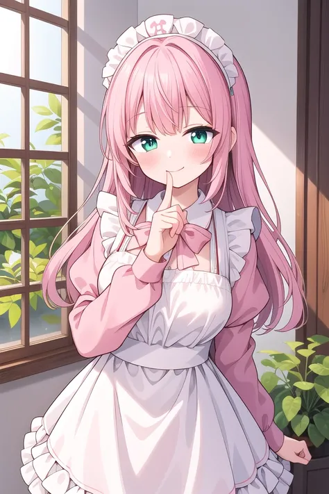 insanely detailed, absurdres, ultra-highres, ultra-detailed, best quality,
1girl, solo, nice hands, perfect hands,
BREAK
apron, blush, bow, bowtie, frilled apron, frills, long sleeves, maid, maid apron, maid headdress, waist apron, white apron
BREAK
smile, closed mouth
BREAK
finger to mouth, index finger raised, shushing, cowboy shot, looking at viewer,
BREAK
slender, kawaii, perfect symmetrical face, ultra cute girl, ultra cute face, ultra detailed eyes, ultra detailed hair, ultra cute, ultra beautiful,
BREAK
day, flower, ivy, leaf, indoors, open door, plant, potted plant, vines, window,
BREAK
white (pink:1.2) hair, green eyes, long hair, medium breasts, bangs, eyebrows visible through hair,