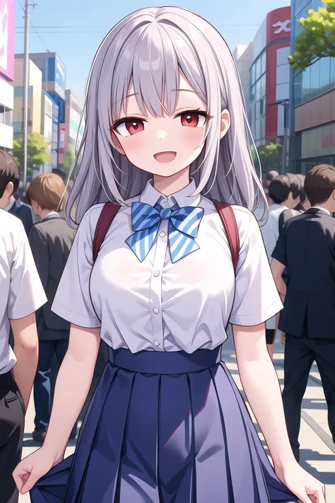 insanely detailed, absurdres, ultra-highres, ultra-detailed, best quality,
1girl, solo, nice hands, perfect hands
BREAK
summer school uniform with indigo blue bowtie, (short sleeves, dark blue skirt, pleated skirt:1.3), (indigo blue:1.3) bowtie, (white shirt:1.3), shirt with white button, (skirt with many pleats:1.4), plain shirt, plain skirt, (striped bowtie:1.3), shirt_tucked_in
BREAK
happy smile, laugh, open mouth, standing,
(45 angle:-1.5), (from side:-1.5),
cute pose, cowboy shot
BREAK
slender, kawaii, perfect symmetrical face, ultra cute girl, ultra cute face, ultra detailed eyes, ultra detailed hair, ultra cute, ultra beautiful
BREAK
in harajuku, shibuya, tokyo, street, crowd, cityscape
BREAK
medium large breasts,
(grey hair, red eyes),