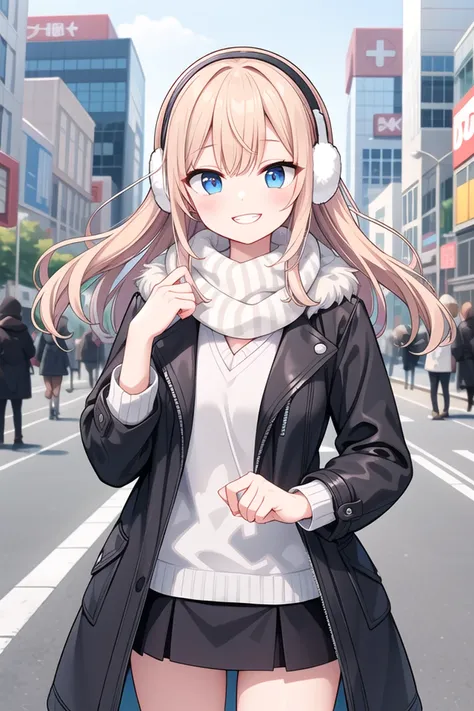 <lora:talkmouth_I_type2_v100:1>
insanely detailed, absurdres, ultra-highres, ultra-detailed, best quality,
1girl, solo, nice hands, perfect hands
BREAK
(wearing a black coat over a white tank top:1.3), (open coat:1.3), (tight leather black mini skirt:1.3), (floating scarf:1.2), (Nordic patterned winter scarf:1.3), ((Covers both ears with fluffy white fur, fluffy Earmuff):1.3), (heeled boots:1.2),
    (See-through:-1), (white coat:-1), (black tank top:-1), (tank:-1), (navel:-1)
BREAK
(nsfw:-1.5)
BREAK
smile, open mouth
BREAK
(45 angle:-1.5), (from side:-1.5),
standing, cowboy shot, looking at viewer
BREAK
slender, kawaii, perfect symmetrical face, ultra cute girl, ultra cute face, ultra detailed eyes, ultra detailed hair, ultra cute, ultra beautiful
BREAK
in street, cityscape in akihabara, depth of field, ultra detailed background
BREAK
medium large breasts
BREAK
blonde hair, blue eyes, crochet braids,
