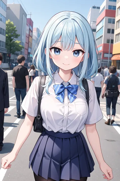 insanely detailed, absurdres, ultra-highres, ultra-detailed, best quality,
1girl, solo, nice hands, perfect hands
BREAK
summer school uniform with indigo blue bowtie, (short sleeves, dark blue skirt, pleated skirt:1.3), (indigo blue:1.3) bowtie, (white shirt:1.3), shirt with white button, (skirt with many pleats:1.4), plain shirt, plain skirt, (striped bowtie:1.3), shirt_tucked_in
, (nsfw:-1.5)
BREAK
happy smile, laugh, closed mouth
BREAK
,
standing, cowboy shot, looking at viewer
BREAK
slender, kawaii, perfect symmetrical face, ultra cute girl, ultra cute face, ultra detailed eyes, ultra detailed hair, ultra cute, ultra beautiful
BREAK
in street, cityscape in shibuya, depth of field, ultra detailed background
BREAK
large breasts
BREAK
green hair, black eyes, box braids,