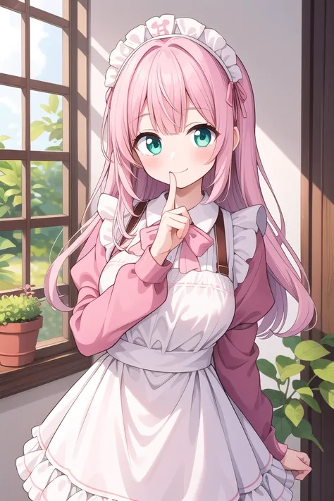 insanely detailed, absurdres, ultra-highres, ultra-detailed, best quality,
1girl, solo, nice hands, perfect hands,
BREAK
apron, blush, bow, bowtie, frilled apron, frills, long sleeves, maid, maid apron, maid headdress, waist apron, white apron
BREAK
smile, closed mouth
BREAK
finger to mouth, index finger raised, shushing, cowboy shot, looking at viewer,
BREAK
slender, kawaii, perfect symmetrical face, ultra cute girl, ultra cute face, ultra detailed eyes, ultra detailed hair, ultra cute, ultra beautiful,
BREAK
day, flower, ivy, leaf, indoors, open door, plant, potted plant, vines, window,
BREAK
white (pink:1.2) hair, green eyes, long hair, medium breasts, bangs, eyebrows visible through hair,