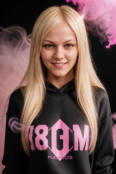 DV_Kim_Vicious_V2 ((Black Theme, Black backdrop:1.4)) (Close-Up Shot, headshot:1.4) (Blond Long Hair:1.5) wearing (Black sweatshirt :1.4) 35mm, F/2.8 ((Photo Focus, DOF, Aperture, insanely detailed and intricate, character, hypermaximalist, elegant, ornate, beautiful, exotic, revealing, appealing, attractive, amative, hyper realistic, super detailed, heresy flares)) (smiling at viewer:1.3)(volumetric pink smoke:1.3) (pink lens flare:1.2)(sharpness:1.3)(details:1.3)