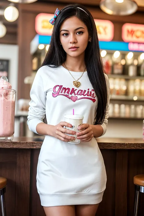 (Stock Photography, Award Winning) DV_Kim_Vicious_V2 is (skinny), (Retro 1950s-style milkshake bar with chrome accents and vintage milkshake machines) (wearing Sweatshirt dress) (Box braids) by Steve McCurry, 35mm, F/2.8, ((Photo Focus, DOF, Aperture, insanely detailed and intricate, character, hypermaximalist, beautiful, revealing, appealing, attractive, amative, hyper realistic, super detailed))(DOF, blurry background), Impressed facial expression