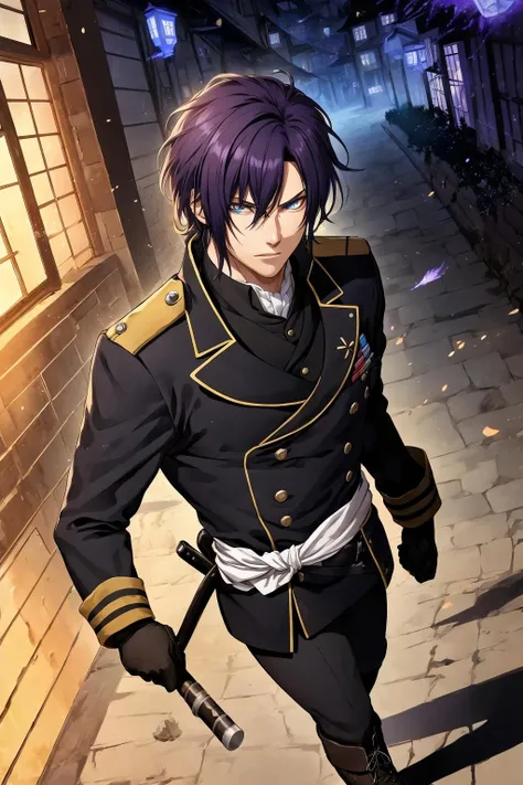 (Masterpiece, Best Quality:1.3), absurdres, high quality, 8k resolution, (faux traditional media:1.2), centered, manga, ((2d)), hajime_saitou, (ultra-detailed), ((thick outline)), lineart, illustration, (male focus), solo, (detailed face, detailed eyes:1.2), beautiful, highly detailed, upper body, standing, looking at viewer, backlighting, bloom, holding sword, serious, (military uniform, gloves, sash, boots, jabot), katana, sheathed, (details:1.2), volumetric lighting, shadow, (shiny), sharp focus, fantasy, floating particles, ((colorful)), vivid, ((depth of field)), shadow, colorful, highly detailed, ((cinematic)), perfect composition, night