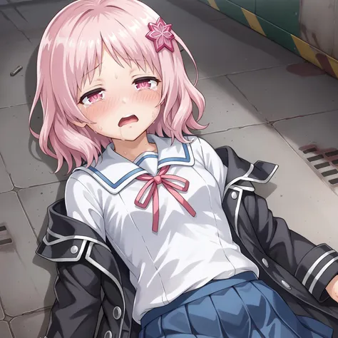 <lora:LoraPonyXLV60_cosTsumugi_v1:0.8>,
blush,sweat,tears,salivation,open mouth,half closed eyes,solid eye,
uncensored,
ayasaki tsumugi,1girl,pink hair,medium hair,hair_ornament,pink eyes,
black coat,school uniform,white shirt,blue pleated skirt,on back,
concrete floor,