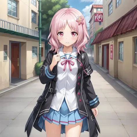 <lora:LoraPonyXLV60_cosTsumugi_v1:0.8>,
uncensored,
ayasaki tsumugi,1girl,pink hair,medium hair,hair_ornament,pink eyes,
black coat,school uniform,white shirt,blue pleated skirt,