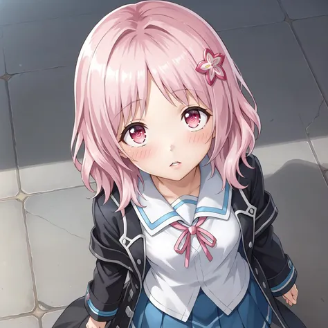 <lora:LoraPonyXLV60_cosTsumugi_v1:0.8>,
blush,looking up,parted lips,from above,
uncensored,
ayasaki tsumugi,1girl,pink hair,medium hair,hair_ornament,pink eyes,
black coat,school uniform,white shirt,blue pleated skirt,