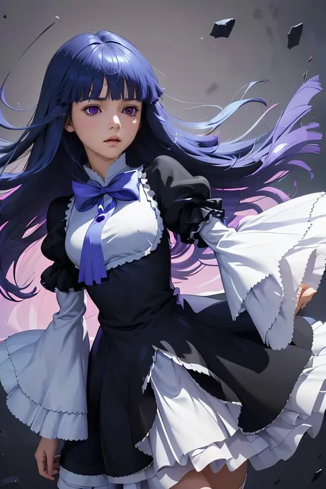 (masterpiece, best quality), 1girl, <lora:frederica_bernkastel_v1:1> aabern, long hair, blue hair, blunt bangs, purple eyes, bowtie, frills, black dress, puffy sleeves, short over long sleeves, long sleeves