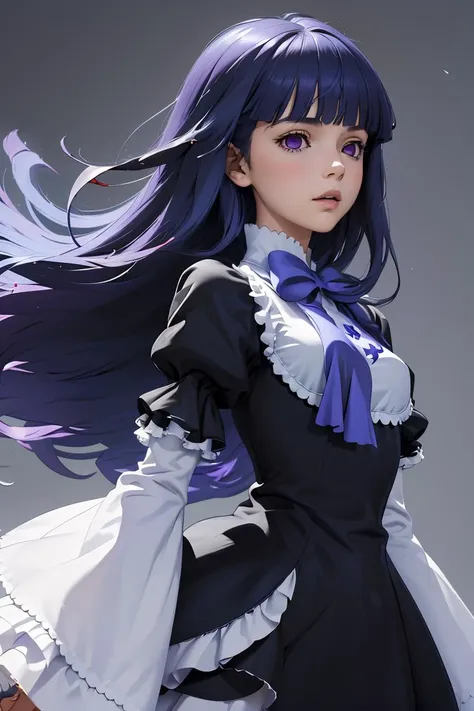 (masterpiece, best quality), 1girl, <lora:frederica_bernkastel_v1:1> aabern, long hair, blue hair, blunt bangs, purple eyes, bowtie, frills, black dress, puffy sleeves, short over long sleeves, long sleeves