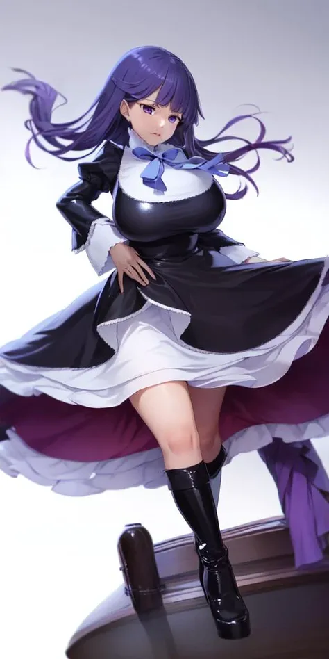 <lora:frederica_bernkastel_v1:1>,aabern, long hair, blue hair, blunt bangs, purple eyes, bowtie, frills, black dress, puffy sleeves, short over long sleeves, long sleeves,(white background, simple background, full body:1),(gigantic breasts:1),(latex:1.5),<lora:SweaterBreasts:1>