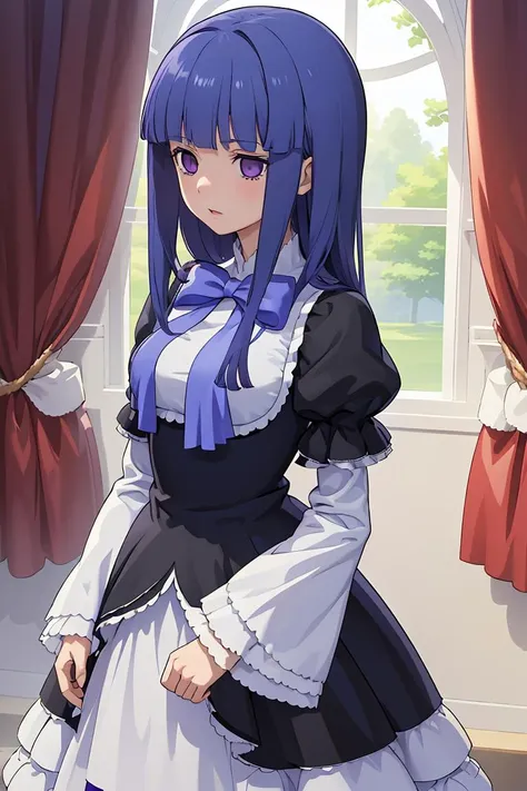 (masterpiece, best quality), 1girl, <lora:frederica_bernkastel_v1:1> aabern, long hair, blue hair, blunt bangs, purple eyes, bowtie, frills, black dress, puffy sleeves, short over long sleeves, long sleeves