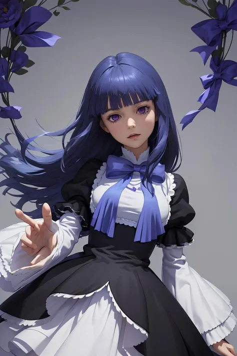 (masterpiece, best quality), 1girl, <lora:frederica_bernkastel_v1:1> aabern, long hair, blue hair, blunt bangs, purple eyes, bowtie, frills, black dress, puffy sleeves, short over long sleeves, long sleeves